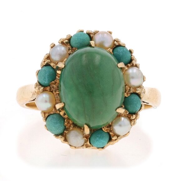 Yellow Gold Turquoise Cultured Pearl Vintage Halo Ring - 10k Oval Cabochon